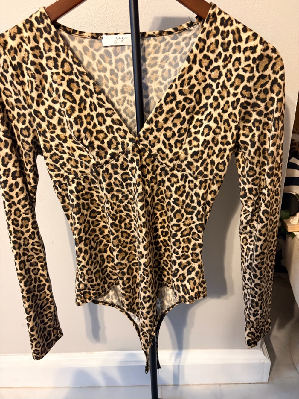 gaze Leopard-Print Long Sleeve Bodysuit in Tan and Black